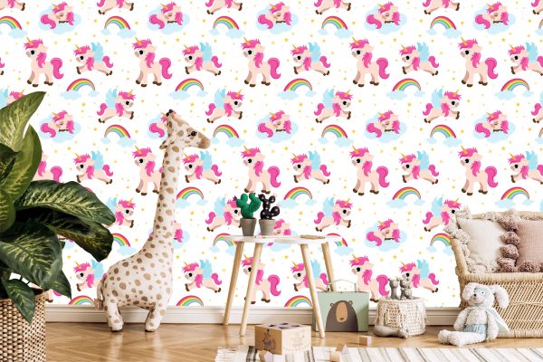 Behang Voor Kinderen - Eenhoorns Op De Achtergrond Van Sterren En Regenboog - Afbeelding 5