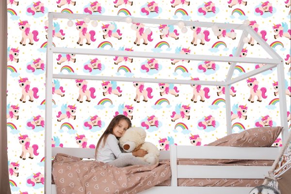 Behang Voor Kinderen - Eenhoorns Op De Achtergrond Van Sterren En Regenboog - Afbeelding 7