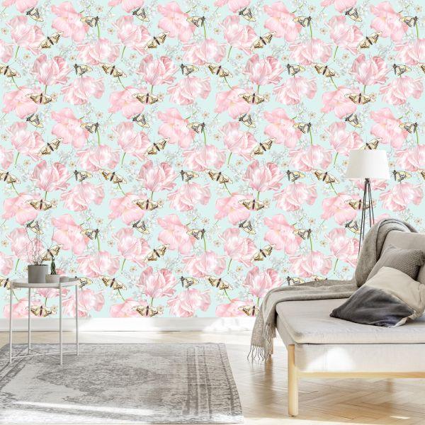 Behang Vlinders, Bloemen, Groene Natuur - Afbeelding 3