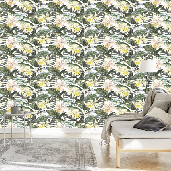 Behang Exotische Bladeren Bloemen - Afbeelding 3