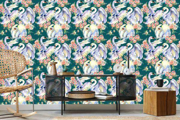 Behang Zwanen En Bloemen - Afbeelding 5