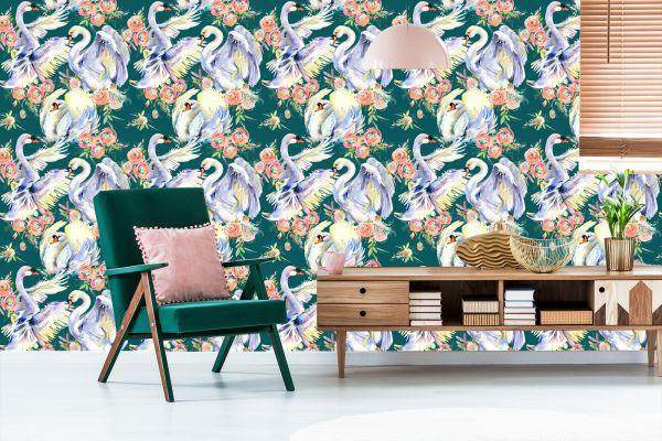 Behang Zwanen En Bloemen - Afbeelding 6
