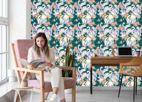 Behang Zwanen En Bloemen - Afbeelding 7