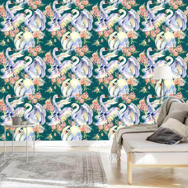 Behang Zwanen En Bloemen - Afbeelding 3