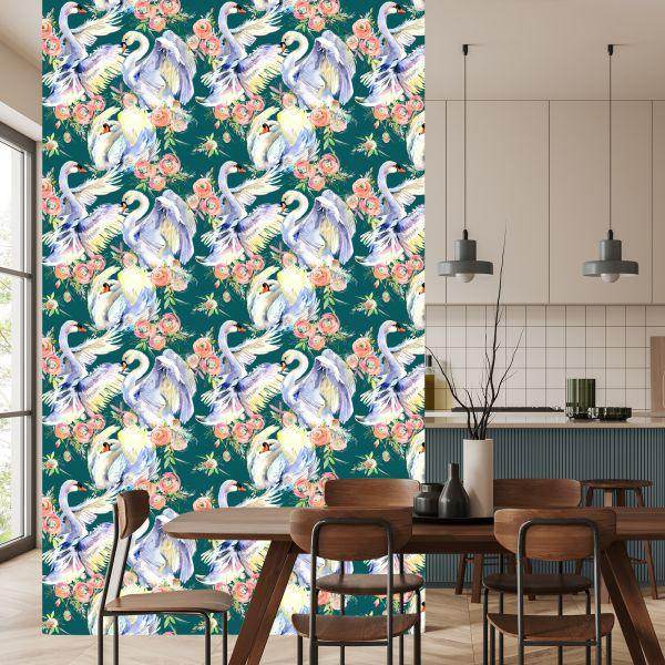 Behang Zwanen En Bloemen - Afbeelding 4
