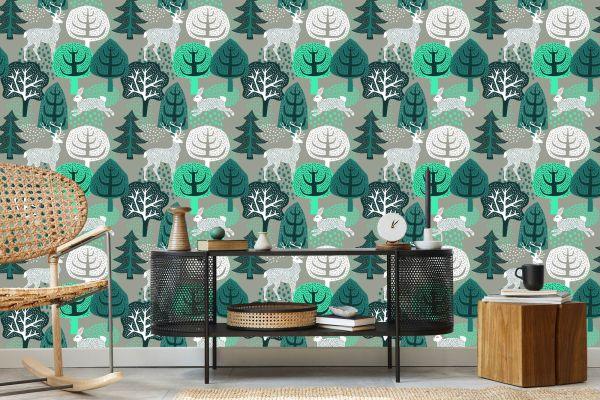 Behang Bomen, Groen, Natuur. Kinderkamer - Afbeelding 5