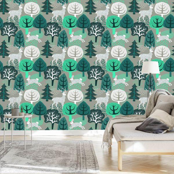 Behang Bomen, Groen, Natuur. Kinderkamer - Afbeelding 3