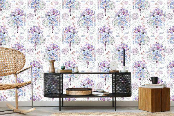 Behang Moderne Bloemen En Waterverfornamenten - Afbeelding 5
