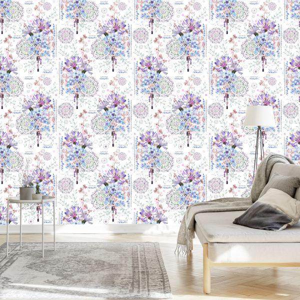 Behang Moderne Bloemen En Waterverfornamenten - Afbeelding 3