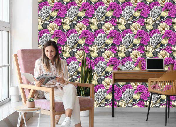Behang Vogels En Kleurrijke Bloemen - Afbeelding 7