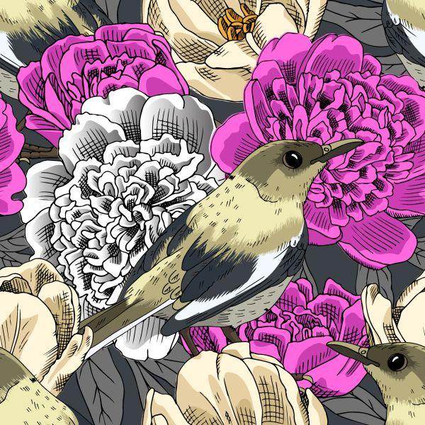 Behang Vogels En Kleurrijke Bloemen - Afbeelding 2