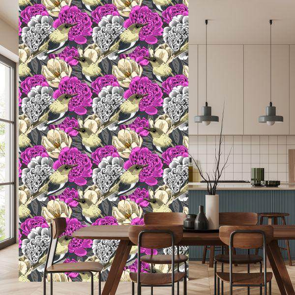 Behang Vogels En Kleurrijke Bloemen - Afbeelding 4