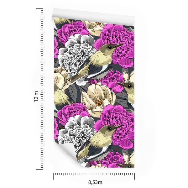 Behang Vogels En Kleurrijke Bloemen - Afbeelding 8