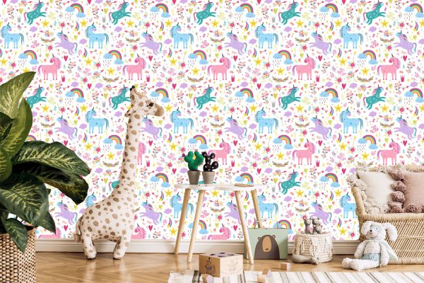 Behang Voor Kinderen - Regenboogeenhoorns In Scandinavische Stijl - Afbeelding 5