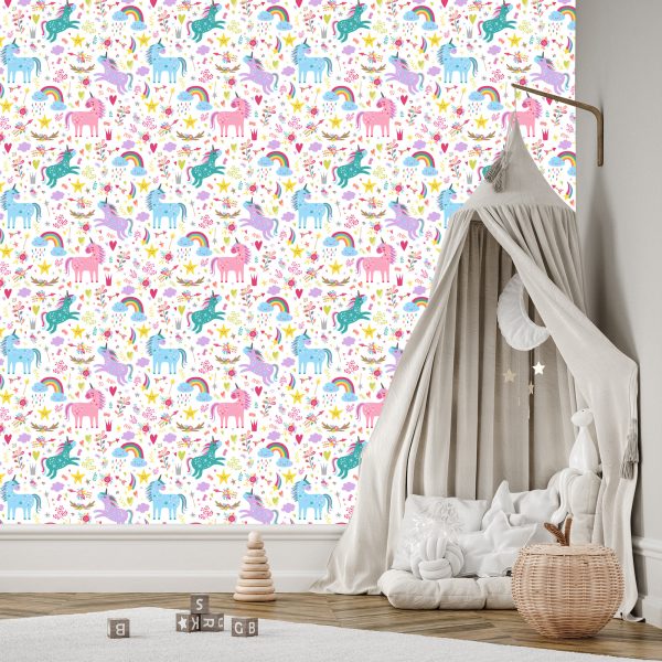 Behang Voor Kinderen - Regenboogeenhoorns In Scandinavische Stijl - Afbeelding 3