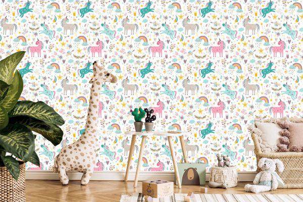Behang Voor Kinderen - Kleurrijke Eenhoorns In Scandinavische Stijl - Afbeelding 5