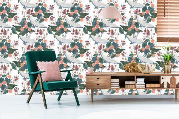 Behang Vliegende Kranen En Bloemen - Afbeelding 6