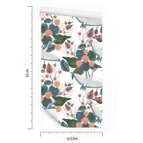 Behang Vliegende Kranen En Bloemen - Afbeelding 8