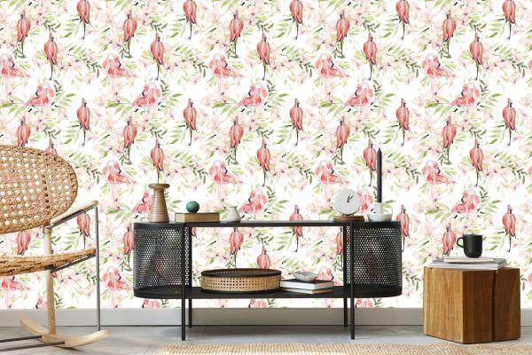 Behang Met Flamingo's Bloemen Bladeren Voor De Slaapkamer - Afbeelding 5