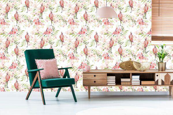 Behang Met Flamingo's Bloemen Bladeren Voor De Slaapkamer - Afbeelding 6