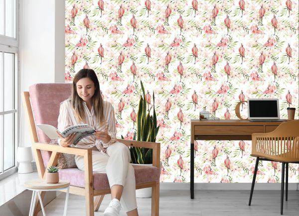 Behang Met Flamingo's Bloemen Bladeren Voor De Slaapkamer - Afbeelding 7
