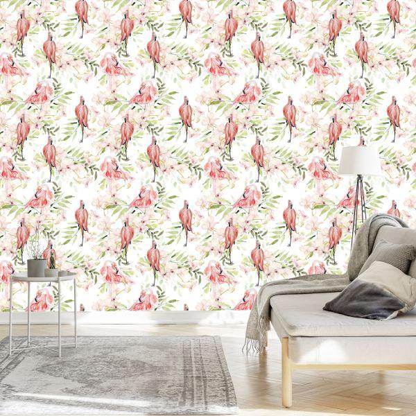 Behang Met Flamingo's Bloemen Bladeren Voor De Slaapkamer - Afbeelding 3