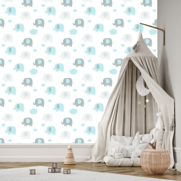 Behang Voor Jongen Pastel Olifanten Gestippelde Wolken - Afbeelding 3