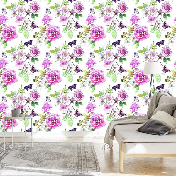 Behang Wilde Bloemen, Aquarelrozen - Afbeelding 3