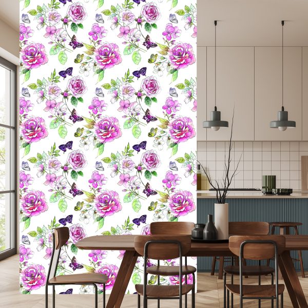 Behang Wilde Bloemen, Aquarelrozen - Afbeelding 4