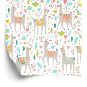 Behang Voor De Babykamer Van Een Lama, Dieren Bloemen