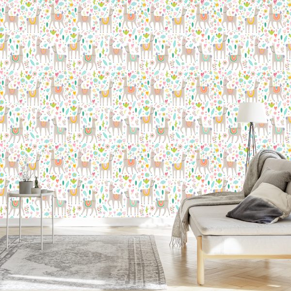 Behang Voor De Babykamer Van Een Lama, Dieren Bloemen - Afbeelding 3