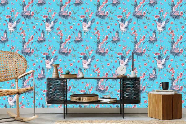 Behang Kraanvogels, Vlinders En Bloemen - Afbeelding 5