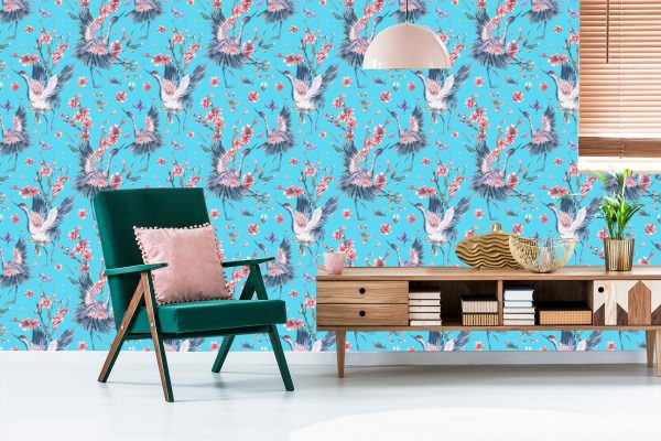 Behang Kraanvogels, Vlinders En Bloemen - Afbeelding 6