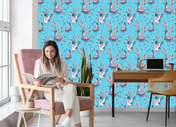 Behang Kraanvogels, Vlinders En Bloemen - Afbeelding 7