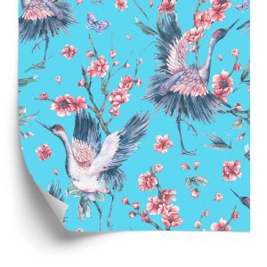 Behang Kraanvogels, Vlinders En Bloemen