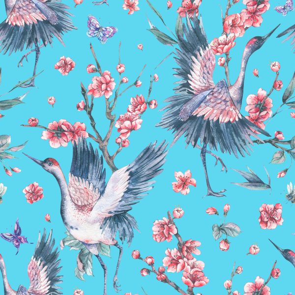 Behang Kraanvogels, Vlinders En Bloemen - Afbeelding 2