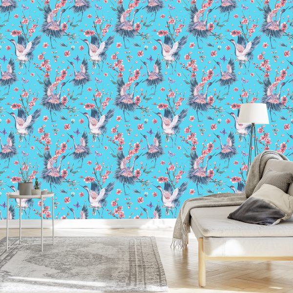 Behang Kraanvogels, Vlinders En Bloemen - Afbeelding 3