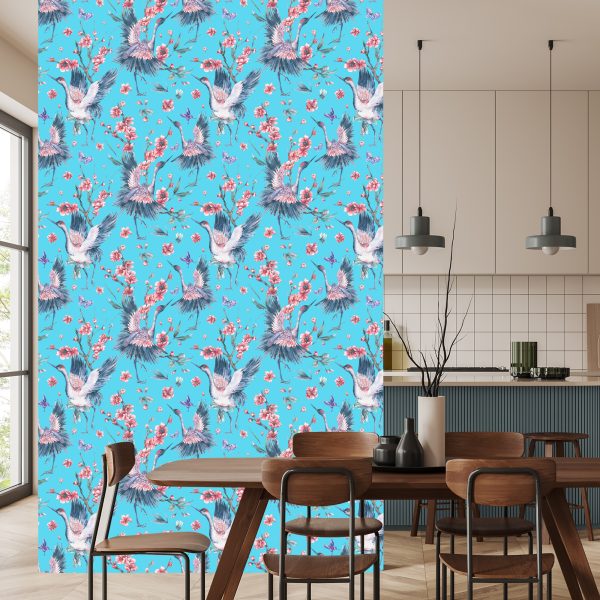 Behang Kraanvogels, Vlinders En Bloemen - Afbeelding 4