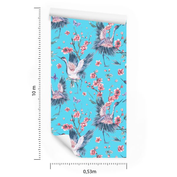 Behang Kraanvogels, Vlinders En Bloemen - Afbeelding 8