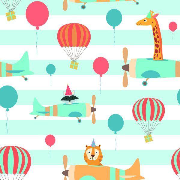 Behang Ballonnen, Vliegtuigen, Dieren, Kinderkamer - Afbeelding 2