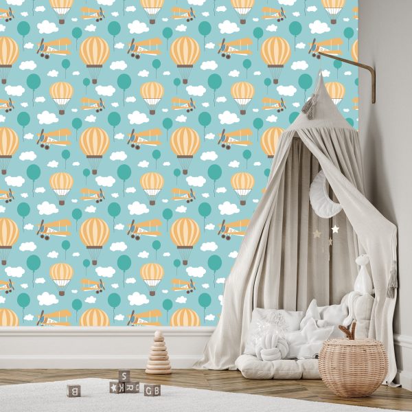 Behang Voor Kinderen, Ballonnen, Wolken, Vliegtuigen, Lucht - Afbeelding 3