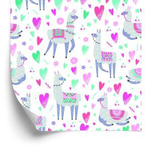 Behang Voor De Babykamer Van Een Lama En Kleurrijke Bloemen