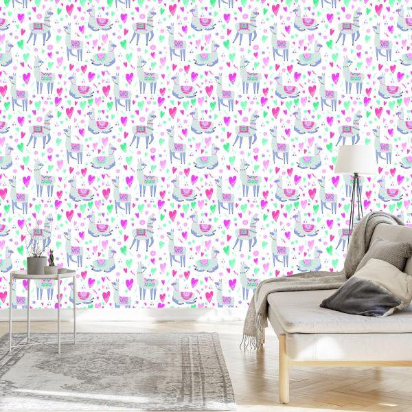 Behang Voor De Babykamer Van Een Lama En Kleurrijke Bloemen - Afbeelding 3