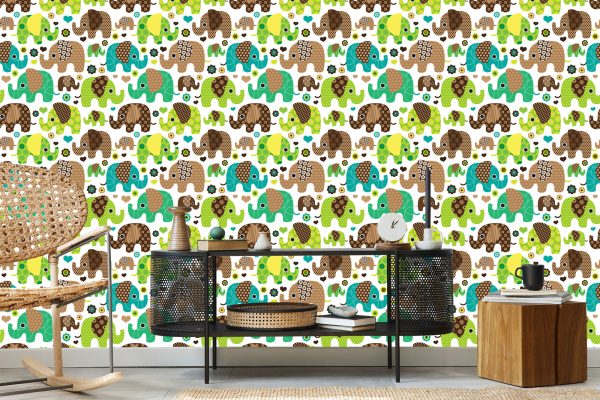 Behang Voor Kinderen, Olifanten, Dieren, Bloemen, Harten - Afbeelding 5