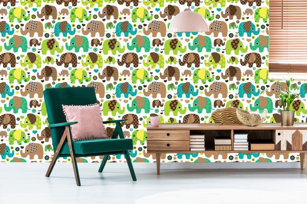 Behang Voor Kinderen, Olifanten, Dieren, Bloemen, Harten - Afbeelding 6