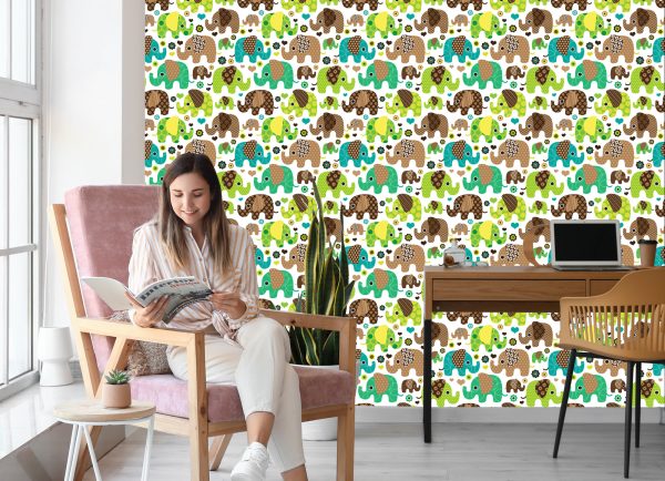 Behang Voor Kinderen, Olifanten, Dieren, Bloemen, Harten - Afbeelding 7
