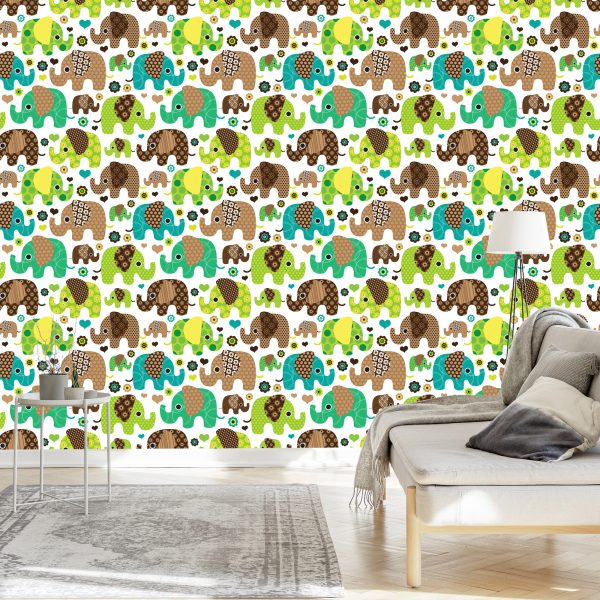 Behang Voor Kinderen, Olifanten, Dieren, Bloemen, Harten - Afbeelding 3