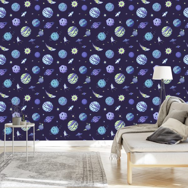 Behang Blauwe Kosmos En Planeten - Afbeelding 3