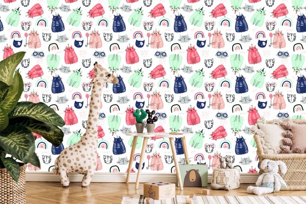 Behang Voor Kinderen - Kleurrijke Katten - Scandinavische Stijl - Afbeelding 5