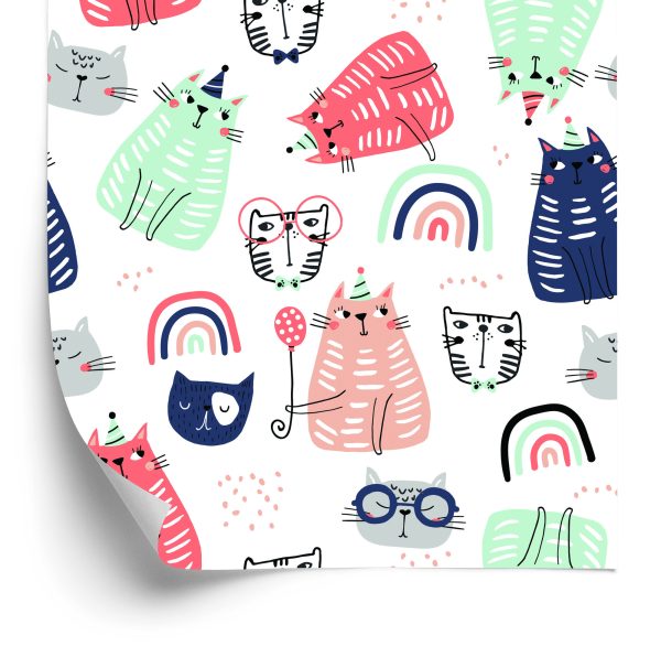 Behang Voor Kinderen - Kleurrijke Katten - Scandinavische Stijl
